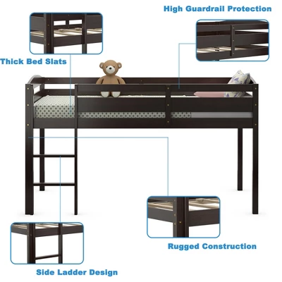 Costway Twin Low Loft Bunk Junior Bed Bedroom Wooden Guard Rail Ladder White/Espresso/Grey - Image 8