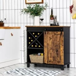 Costway Kitchen Buffet Storage Cabinet Sideboard W/Sliding Barn Door Wine Rack