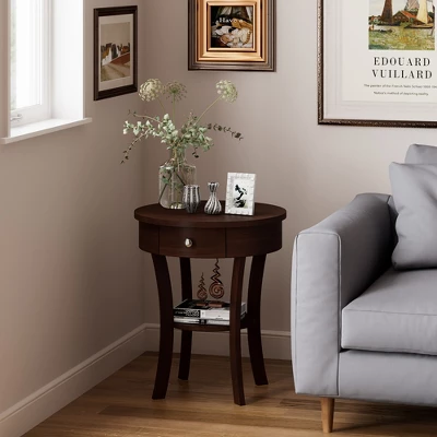 Costway 2-tier Side End Sofa Table Round Nightstand For Bedroom Living Room White/Espresso - Image 8