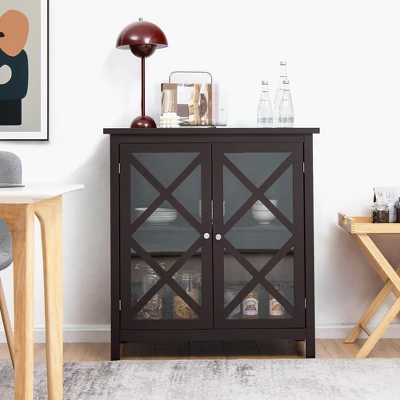 Costway Kitchen Buffet Sideboard Storage Cabinet W/Glass Doors & Adjustable Shelf WhiteBrown - Image 2