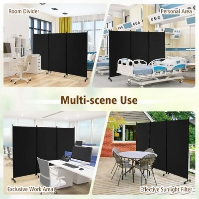 Costway 3-Panel Folding Room Divider 6Ft Rolling Privacy Screen WithLockable Wheels Black/Brown/Grey/White - Image 8