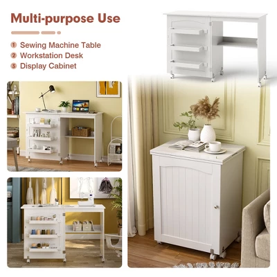 Costway White Folding Sewing Craft Table With Storage Shelves Cabinet Lockable Wheels - Image 3