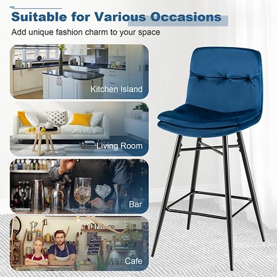 Costway Set Of 2 Velvet Bar Stools Bar Height Kitchen Dining Chairs With Metal Legs Blue/Grey - Image 7