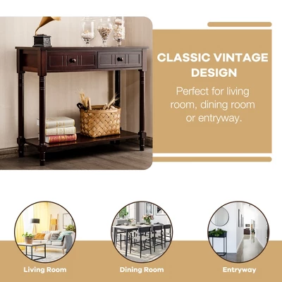 Costway Console Table Drawers Bottom Shelf Accent Sofa Entryway Hall Espresso - Image 2