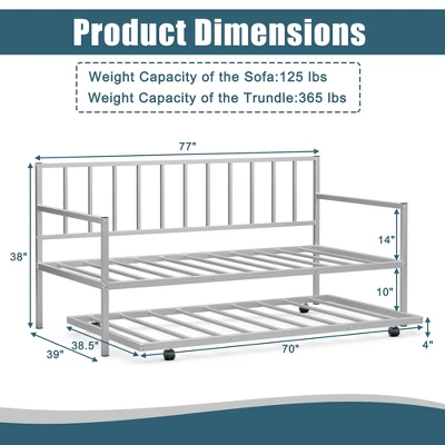 Costway Twin Metal Daybed With Roll Out Trundle Heavy Duty Frame Sofa Bed Set - Image 4