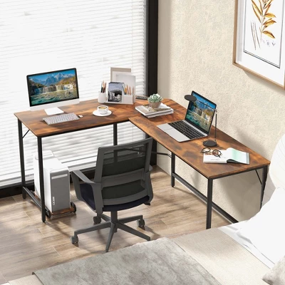 Costway L-shaped Gaming Desk Computer Desk With CPU Stand Power Outlets Rustic Brown/Black - Image 3