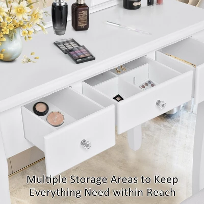 Costway Bedroom Wooden Mirrored Makeup Vanity Set Stool Table Set White 5 Drawers - Image 8
