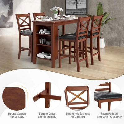 Costway 5PCS Pub Dining Table Set W/ Storage Shelves&4 Upholstered Chairs Walnut - Image 7