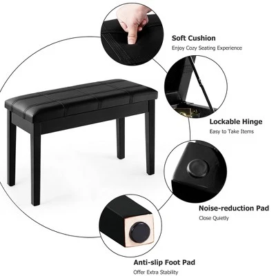 Costway Solid Wood PU Leather Piano Bench Padded Double Duet Keyboard Seat Storage Black - Image 7