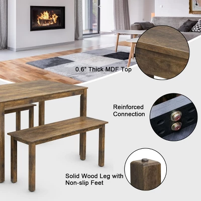 3pcs Dining Set Modern Studio Collection Table With 2 Benches Wood Legs Coffee - Image 6