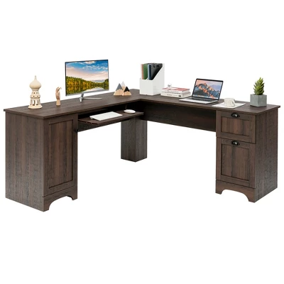 Costway L-Shaped Corner Computer Desk Writing Table Study Workstation Drawers BlackBrown - Image 10