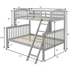 Costway Twin Over Full Bunk Bed Rubber Wood Convertible With Ladder Guardrail