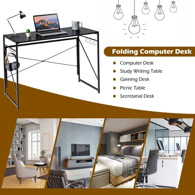 Costway Folding Computer Desk Writing Study Table W/6 Hooks Home Office BlackRustic BrowBrown Natural - Image 3