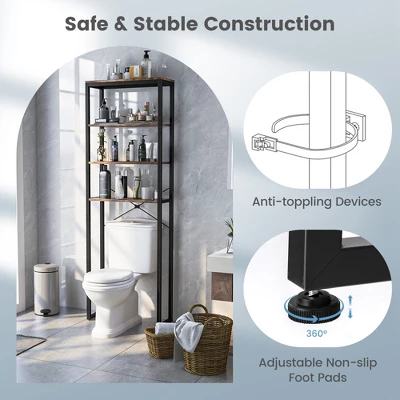 Costway 4-Tier Over The Toilet Storage Rack Freestanding Bathroom Organizer Rustic Brown - Image 5