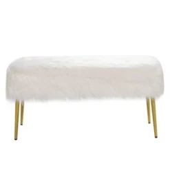 Costway Fauxfur Ottoman Bench Modern Vanity Bench Stool W/ Golden Legs WhitePink