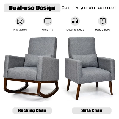 2-in-1 Fabric Upholstered Rocking Chair Nursery Armchair With Pillow Dark Grey - Image 5