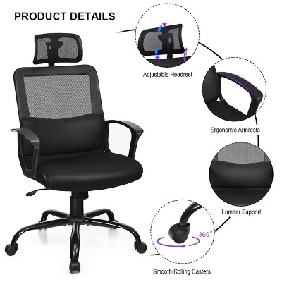 Costway Mesh Office Chair High Back Ergonomic Swivel Chair W/ Lumbar Support & Headrest - Image 4