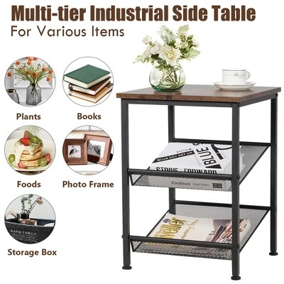 Costway Set Of 2 3-Tier Industrial End Side Table Nightstand W/2 Adjustable Shelves - Image 5