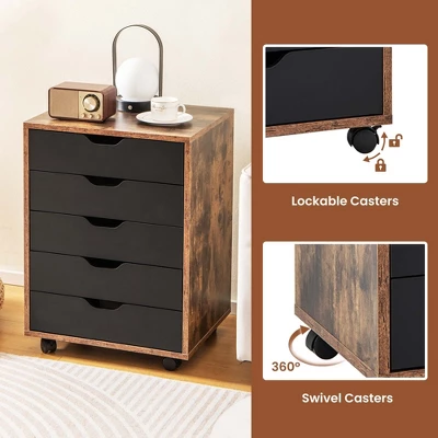Costway 5 Drawer Chest Storage Dresser Floor Cabinet Organizer With Wheels Rustic Brown - Image 7