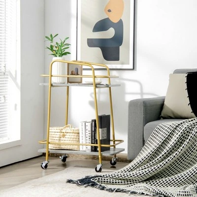 Costway Gold Serving Cart Utility Trolley On Wheel Rolling Kitchen Rack W/Handle - Image 2