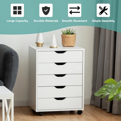 Costway 5 Drawer Chest Storage Dresser Floor Cabinet Organizer With Wheels White - Image 3
