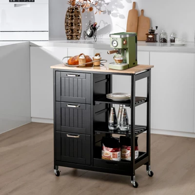 Costway Rolling Kitchen Island Utility Storage Cart W/ 3 Storage Drawers & Shelves White/Black