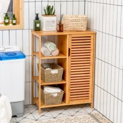 Costway Bathroom Cabinet Bamboo Storage Floor Cabinet W/ Single Door & 3 Open Shelves
