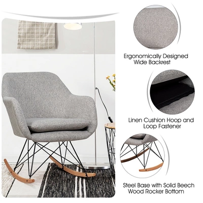 Costway Rocking Chair Fabric Rocker Upholstered Single Sofa Chair Accent Armchair Grey - Image 6