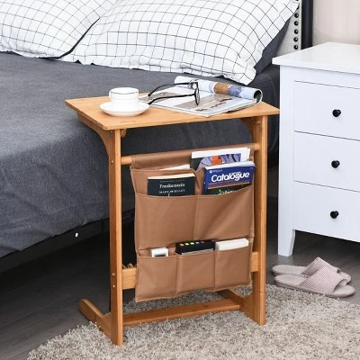 Costway Bamboo Sofa Table Laptop Desk Coffee Snack End Table Bedside Table W/Storage Bag - Image 2