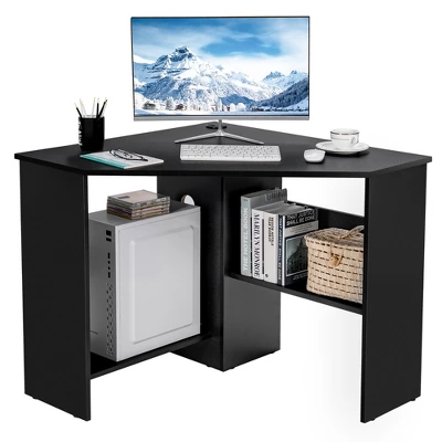Costway Corner Computer Desk Triangle Writing Workstation W/ Storage Shelf WhiteBlack - Image 10