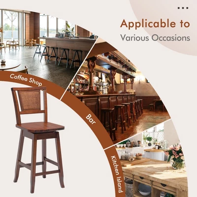 Costway Set Of 2/4 Swivel Bar Stools Counter Height Rubber Wood Pub Chairs W/ Rattan Back - Image 7