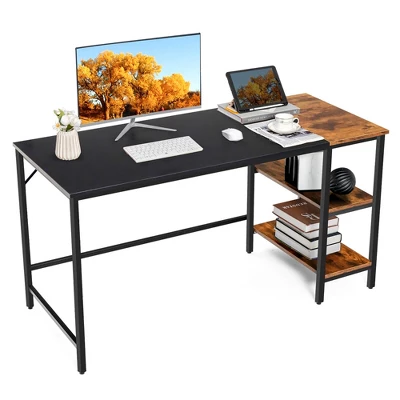 Costway 55'' Computer Desk Writing Workstation Study Table Home Office With Bookshelf Black/Rustic - Image 11