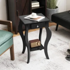 Costway End Side Table With Drawer Bottom Shelf Accent Nightstand Bedroom WhiteBlackBrown