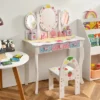 Costway Kids Vanity Princess Makeup Dressing Table Chair Set W/ Tri-fold Mirror White