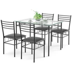 Costway 5 Piece Dining Set Glass Top Table & 4 Upholstered Chairs Kitchen Room Furniture