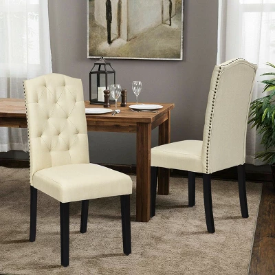 Costway Set Of 4 Tufted Dining Chair Upholstered W/ Nailhead Trim & Rubber Wooden Legs - Image 2