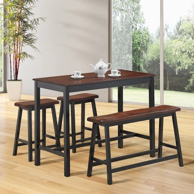 Costway 4 Pcs Solid Wood Counter Height Table Set W/ Height Bench & Two Saddle Stools Brown - Image 3