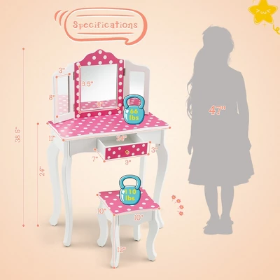 Costway Kid Vanity Set Wooden Makeup Table Stool Tri-Folding Mirror Polka Dot Print Pink - Image 3