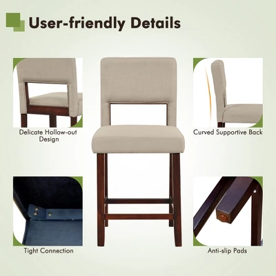 Costway Set Of 2 Upholstered Linen Bar Stools 24.5'' Wooden Dining Chairs With Back Beige/Brown - Image 8