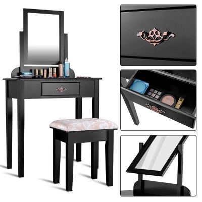 Costway Makeup Desk Vanity Dressing Table Square Stool 1 Large Black - Image 2