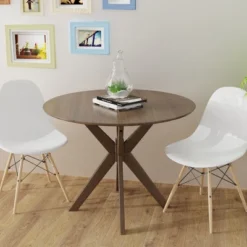 Costway Modern Round Wood Dining Table 35'' W/ Solid Wood Legs& Base For Home, Office