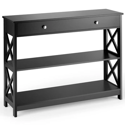 Costway 3-Tier Console Table X-Design Sofa Entryway Table With Drawer & Shelves Gray Espresso - Image 11