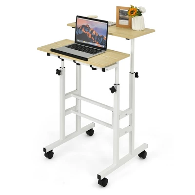 Costway Mobile Standing Desk Rolling Adjustable Laptop Cart Home Office WalnutNatural - Image 9
