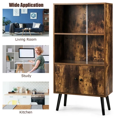 Costway 2-Tier Retro Bookcase Bookshelf W/3 Compartment&2 Doors Industrial Cabinet - Image 5