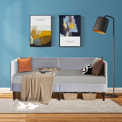 Costway Twin Daybed Upholstered Linen Wooden Sofa Bed Frame Heavy Duty Living Room Grey - Image 8
