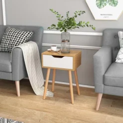 Costway Nightstand End Side Sofa Table Storage Drawer Living Room With Solid Wood Leg
