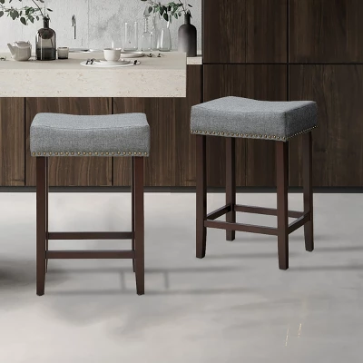 Costway Set Of 2 Nailhead Saddle Bar Stools 24'' Height W/ Fabric Seat & Wood Legs BeigeGray - Image 2