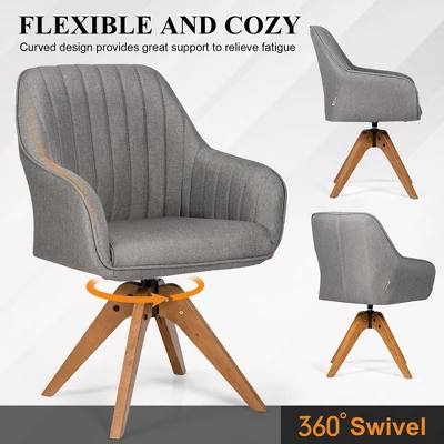 Costway Swivel Accent Chair Fabric Vanity Study Armchair W/Beech Wood Legs Gray - Image 6