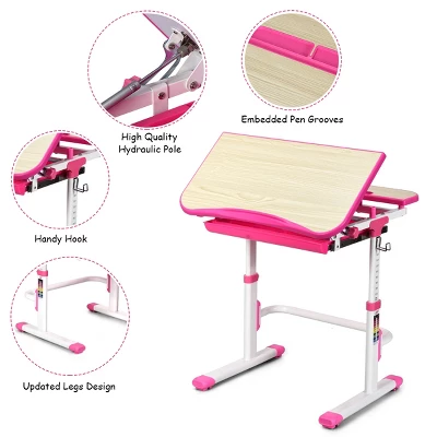 Costway Children Desk Chair Set Adjustable Study Table Drawer Winged Backrest Chair - Image 9