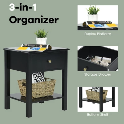 Costway End Table Nightstand Storage Display Drawer Shelf Beside Bedroom WhiteBlack - Image 6